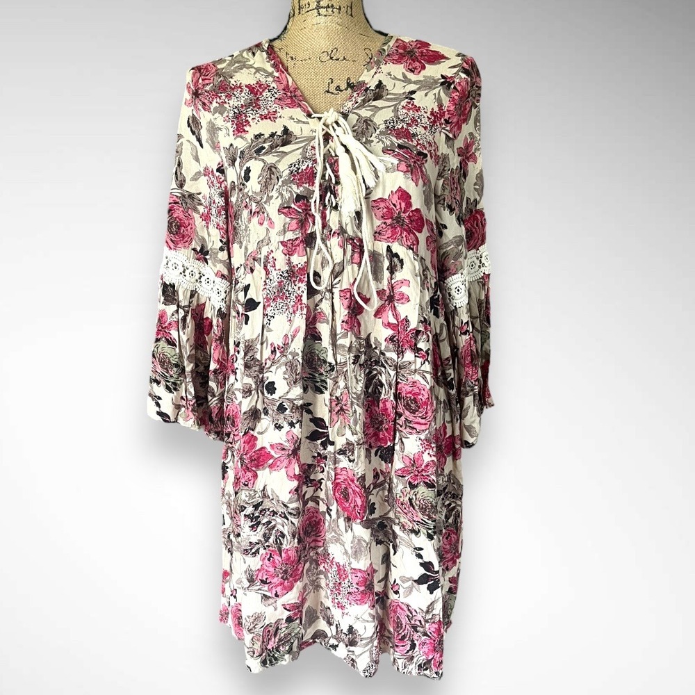 ENTRO Long Sleeve Pink Beige Gray Floral Baby Doll Dress Medium |‎ NWT